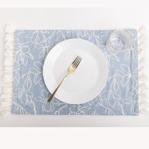 NWOT Mary Square - Placemats with Tassels Fringe Magnolia Blue (Set of 2)